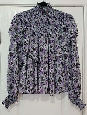 cinq a sept Lavender Floral Smocked High-Neck Blouse
